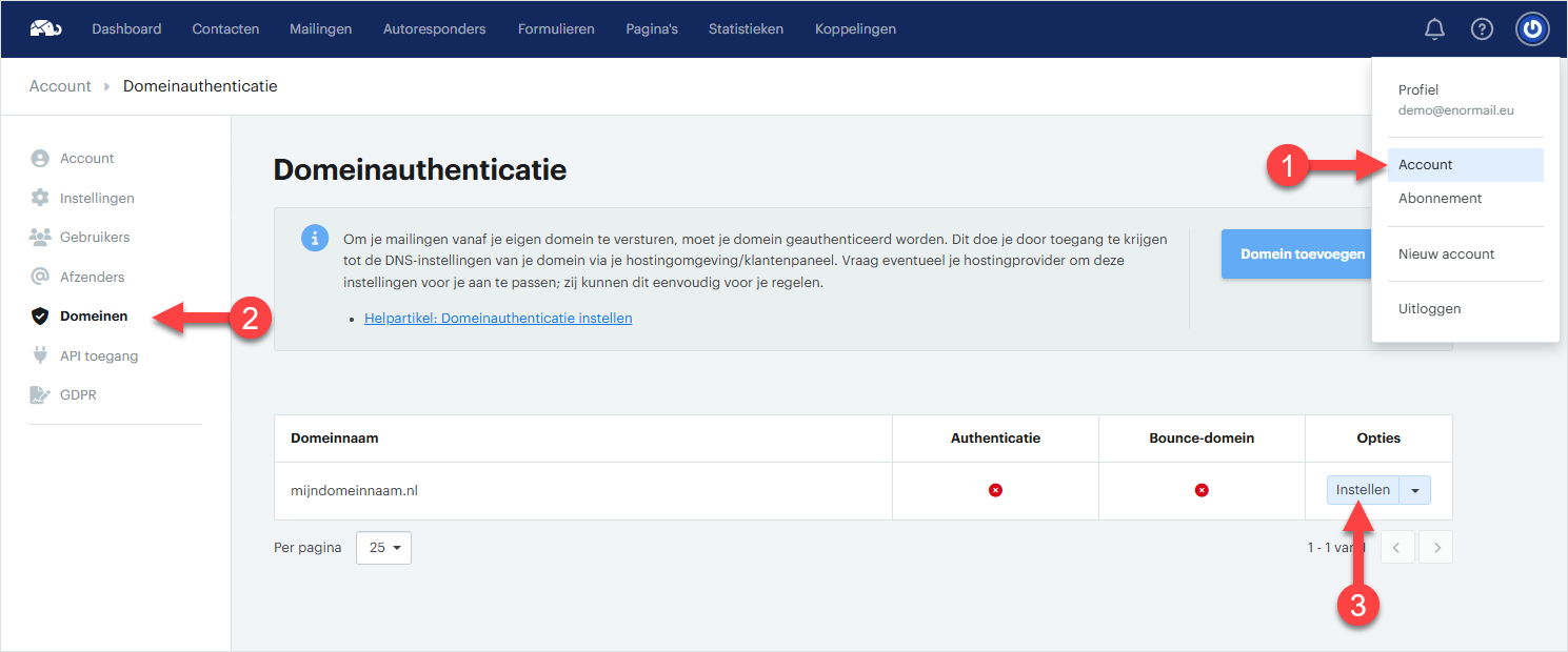 Domeinauthenticatie instellen in Enormail